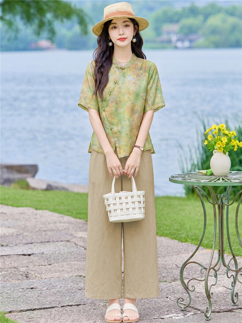 现货2026年夏季新款中式时尚两件套装女小衬衫T恤加天丝麻阔腿裤,女装套装/套裙,璐依舞