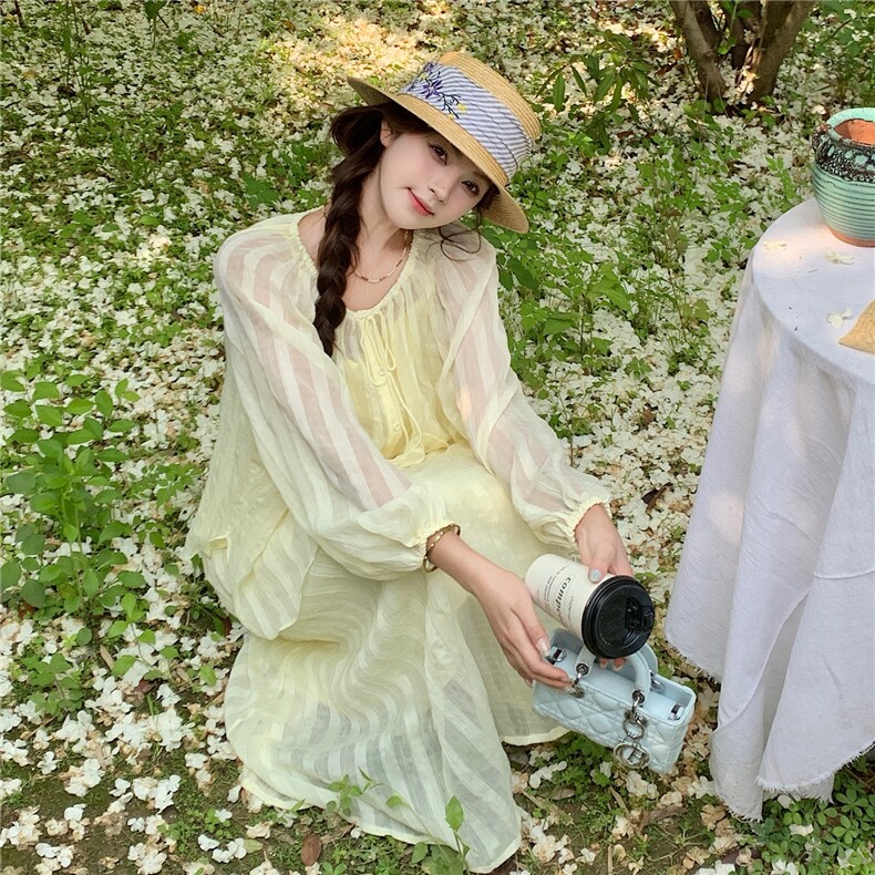 黄色奶fufu系带长袖上衣吊带套装女2025夏季新款显瘦半身裙三件套,女装套装/套裙,2D045