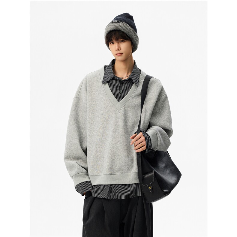 【现货】XZ1218WY8005特价P48美式高街假两件衬衫拼接卫衣，男装衬衫，星座1218（原611-3）