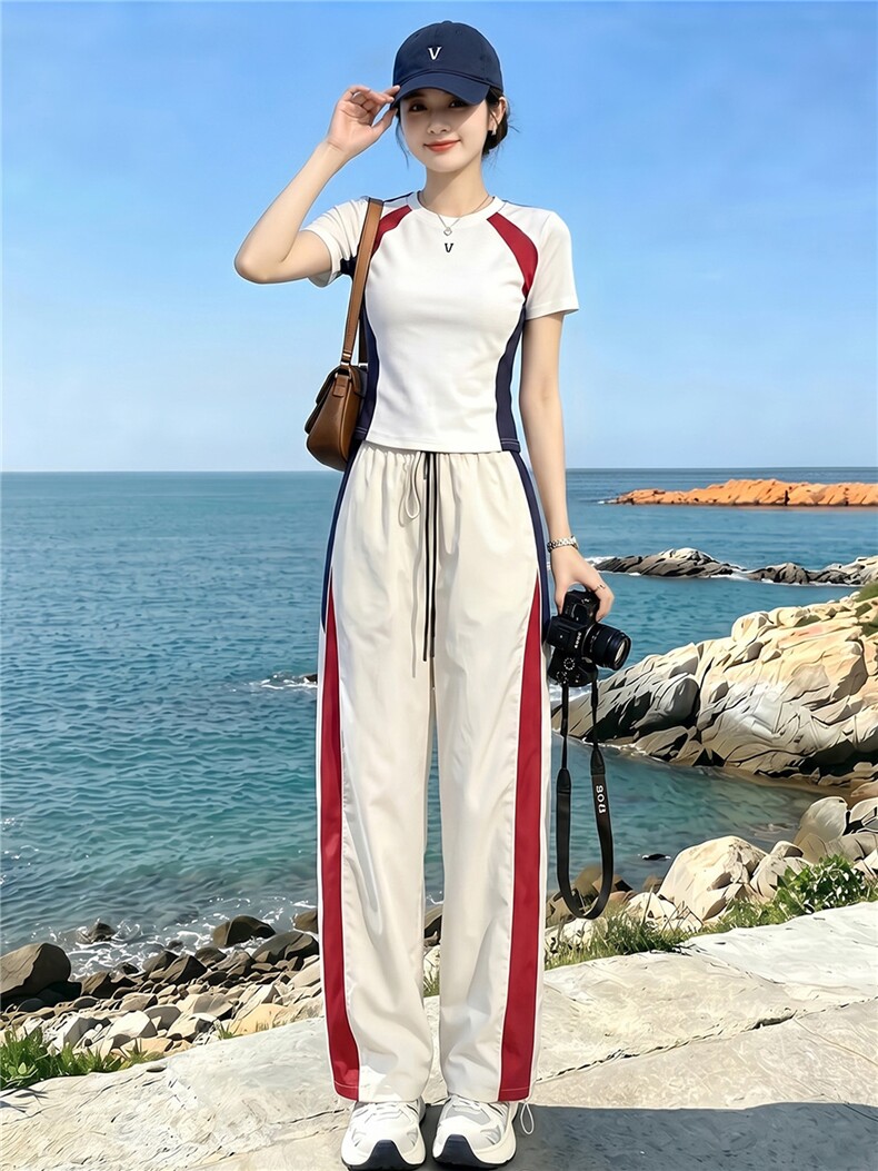 潮流时尚休闲运动套装女夏季新款显瘦竖纹圆领短袖上衣长裤两件套,女装套装/套裙,江南