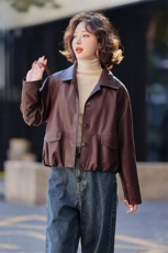 常规短款春季方领纽扣极简风皮衣春秋韩版机车服休闲气质小个子，女装皮衣，简古