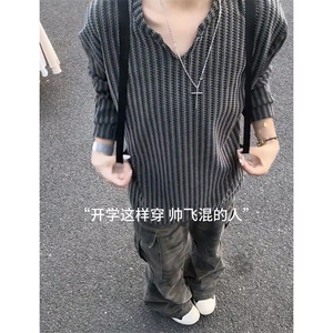 美式高街千鸟格子长袖T恤男女亨利V领英伦雅痞休闲宽松长袖打底衫图片