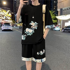 新中式风两件套夏季新中式禅意短袖t恤男套装A436-D221-P52,印花衬衫单穿搭配图片