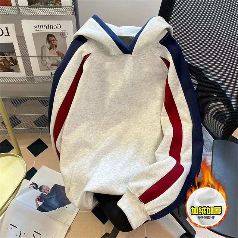 480G重磅加绒硬挺boxy 男女秋冬美式高街结构拼接撞色卫衣厚外套图片