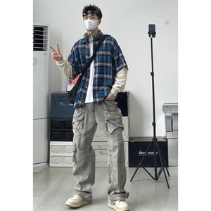 免烫五分袖夏季标准潮青少年复古假两件拼接格子衬衫长袖 C450图片