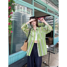 撞色条纹防晒衬衫女春夏薄款宽松显瘦百搭长袖上衣CA102-P37，男装防晒衣，星座208-5