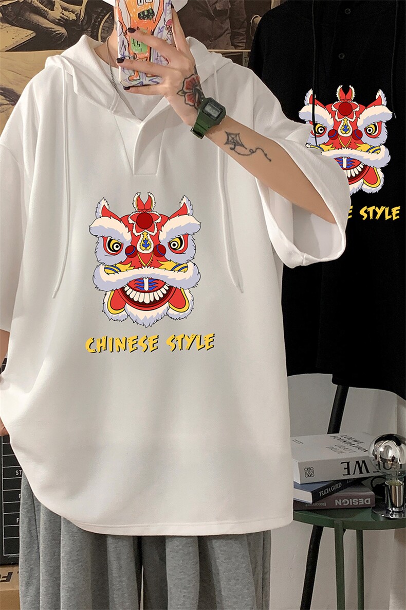 LD54185-P45连帽短袖t恤男大码胖子带帽五分袖中袖,男装T恤,电商A040