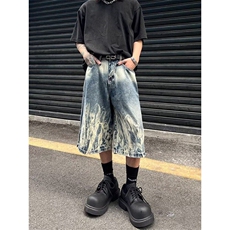 N151-P55美式高街闪电纹扎染牛仔七分短裤夏季休闲中裤阔腿短裤，男装牛仔裤，电商B327