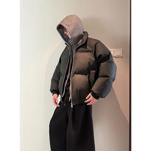 现货高品质重磅工艺美式高街假两件PU皮棉衣男女加厚棉服外套图片