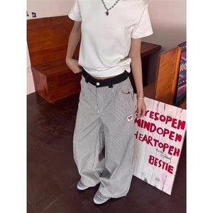 爱心刺绣美式复古竖条纹裤子女设计感小众休闲裤直筒垂感