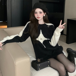 马海毛毛衣男秋冬季设计感小众款慵懒风宽松露肩长袖针织衫上衣图片