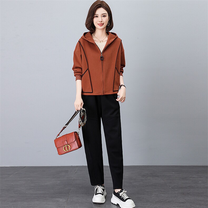 连帽卫衣套装女春秋时尚洋气妈妈装大码宽松显瘦两件套2025年新款,女装套装/套裙,独衣靓