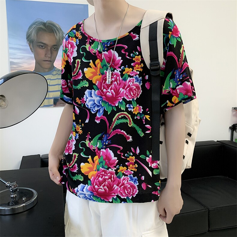 HT202男士夏季大码人棉大花红黑圆领短袖透气凉爽TEE恤棉纱风,男装T恤,星座115A(原星座507）
