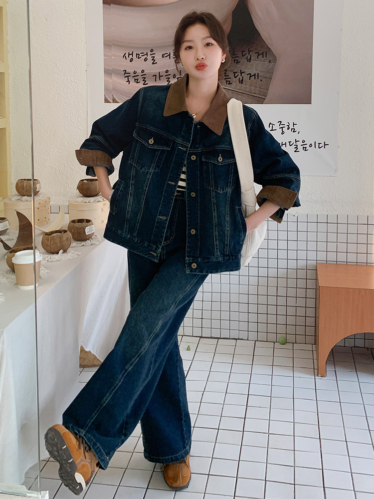时尚套装春季宽松短款复古上衣套装韩版显瘦小个子春秋牛仔高腰,女装套装/套裙,浙宝305