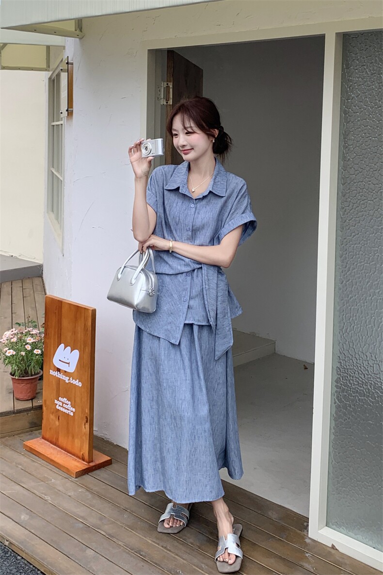 蓝色韩系气质休闲套装裙女夏季2025新款超火短袖衬衫半身裙两件套,女装套装/套裙,2C159