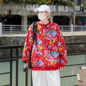 B203圆领大花卫衣大码男女新中式汉服团队表演出饭店火锅店情侣潮图片