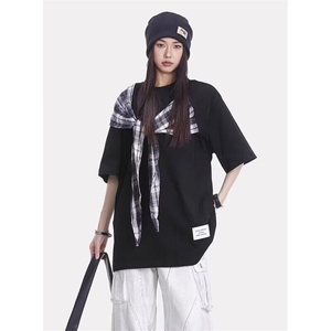 宽松假两件短袖t恤夏季美式复古系带蝴蝶结设计感-T006-网络图图片