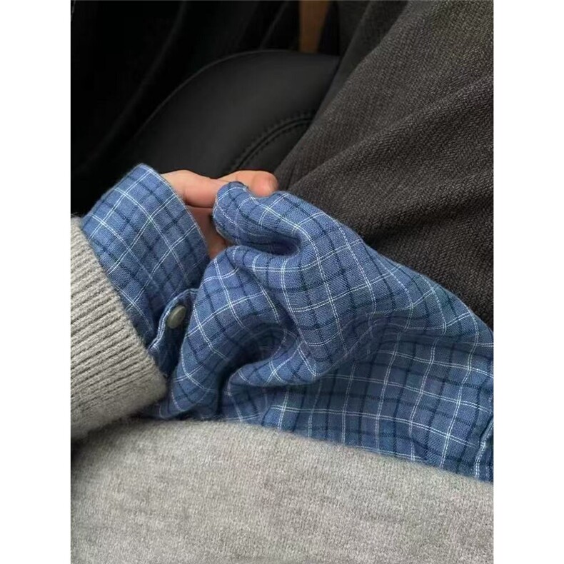 韩系双层棉纱蓝色小格纹翻领长袖衬衫女春秋慵懒宽松舒适外搭上衣,男装衬衫,星座1210-1