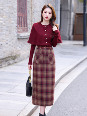 小香风套装2024秋冬新款高级感红色针织毛衣格子毛呢半身裙三件套，女装套装/套裙，煊芮熙