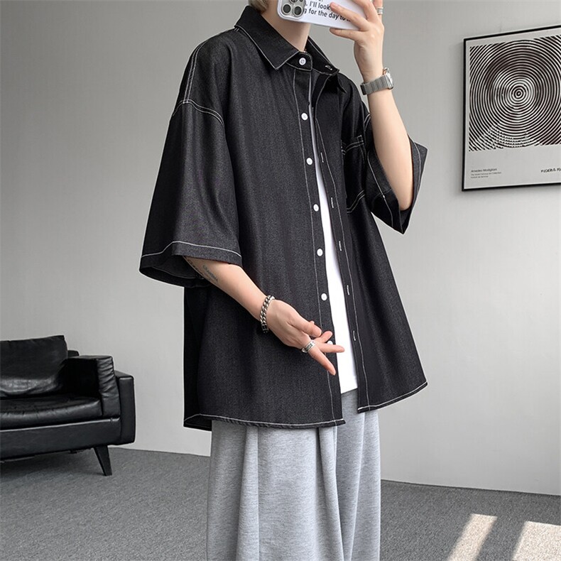 8XL-M冰丝牛仔短袖衬衫男款夏季薄款宽松慵懒衬衣外套DC28006P60,男装T恤,电商B312