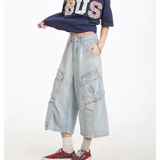 牛仔短裤男女2026夏季新款美式多口袋裤子宽松水洗阔腿七分裤，男装牛仔裤，星座302B