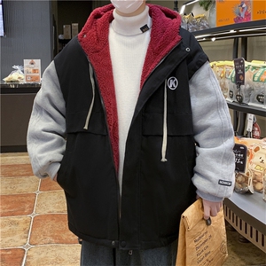 假两件连帽服外套冬季加绒加厚ins美式潮牌拼接袄图片