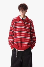 现货休闲宽松复古条纹撞色polo领毛衣男冬季情侣针织衫-A2367P55，男装针织衫/毛衣，电商B241
