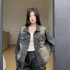 G8839-P65美式复古做旧破洞牛仔外套女春秋新款大码宽松中长款，男装工装外套，电商B323A