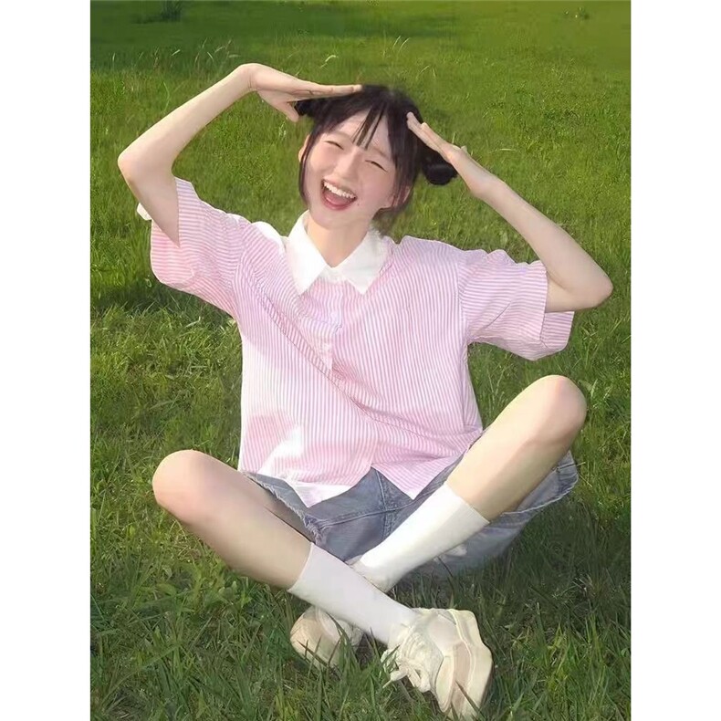 日系复古拼接粉色条纹短袖衬衫女学院风宽松百搭设计感小众衬衣潮图片