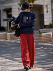 加绒卫衣套装女2026新款套头绣花圆领上衣直筒休闲百搭红色长裤，女装套装/套裙，梦懿尔