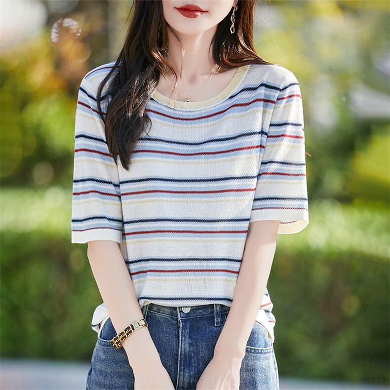 夏季新款圆领天丝彩色条纹短袖女宽松百搭半袖背心T恤针织衫上衣,女装T恤,暖烁羊绒