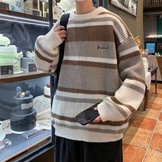 2023秋冬季韩版宽松圆领套头毛衣条纹宽松拼色针织衫M1262-P41，男装针织衫/毛衣，星座512-3