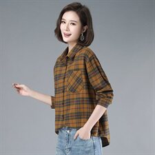 2021年春季排多扣格子衬衫直筒通勤长袖衬衣，女装衬衫，伊满意