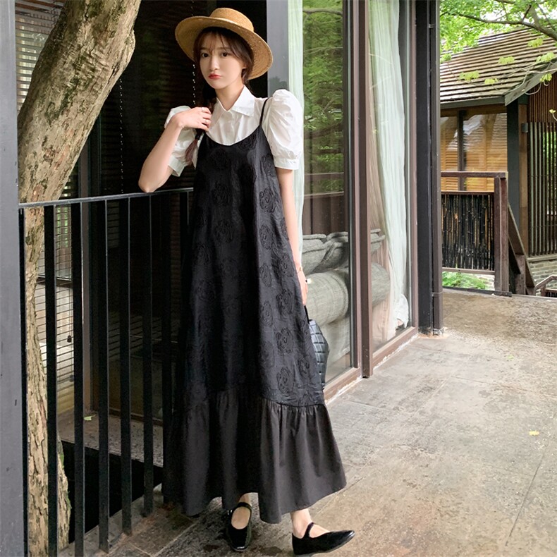 夏季法式质感高级黑色提花吊带长裙女时尚百搭宽松大摆度假连衣裙,女装连衣裙,浙宝276（原081）