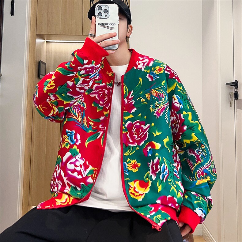 J01男女棒球领夹克外套东北大花汉服开衫左右拼接撞色潮男女,男装夹克,星座115A(原星座507）