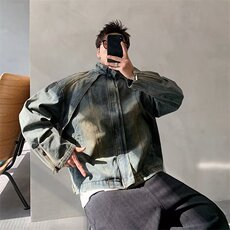 现货复古宽松蓝泥做旧立领牛仔外春秋季做旧男装夹克JN1229-P75，男装夹克，星座302B-2