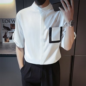 冰丝短袖衬衫男夏季薄款宽松休闲痞帅五分中袖上衣服 CS614图片