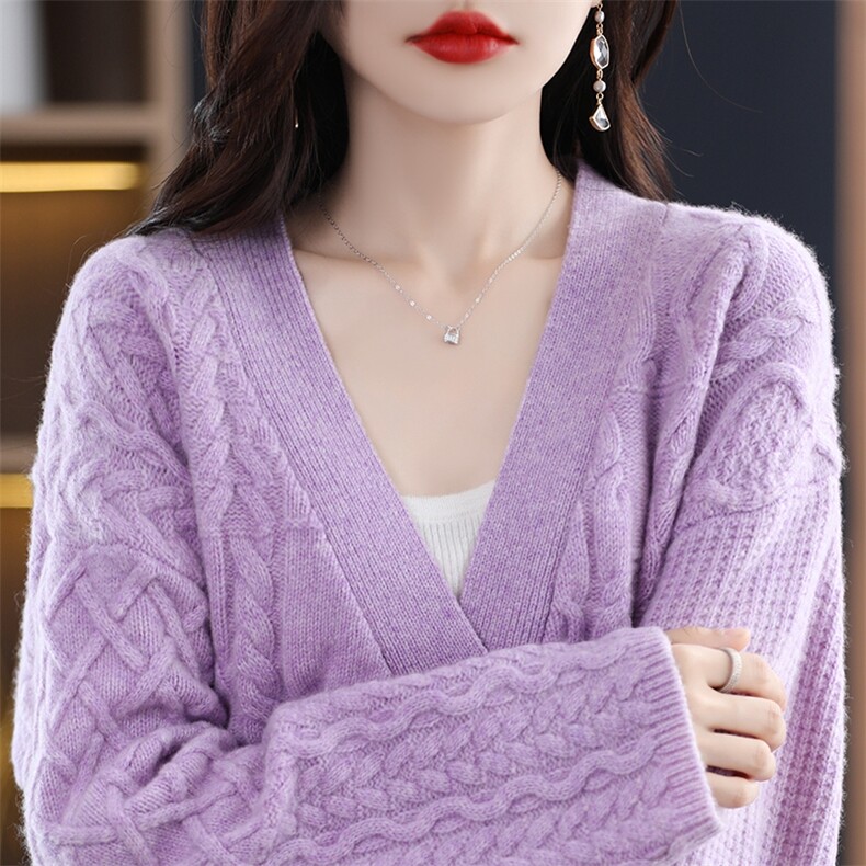 时尚百搭女士羊毛衫V领绞花设计秋冬保暖显瘦开衫外套,女装羊毛衫,天佑贝依