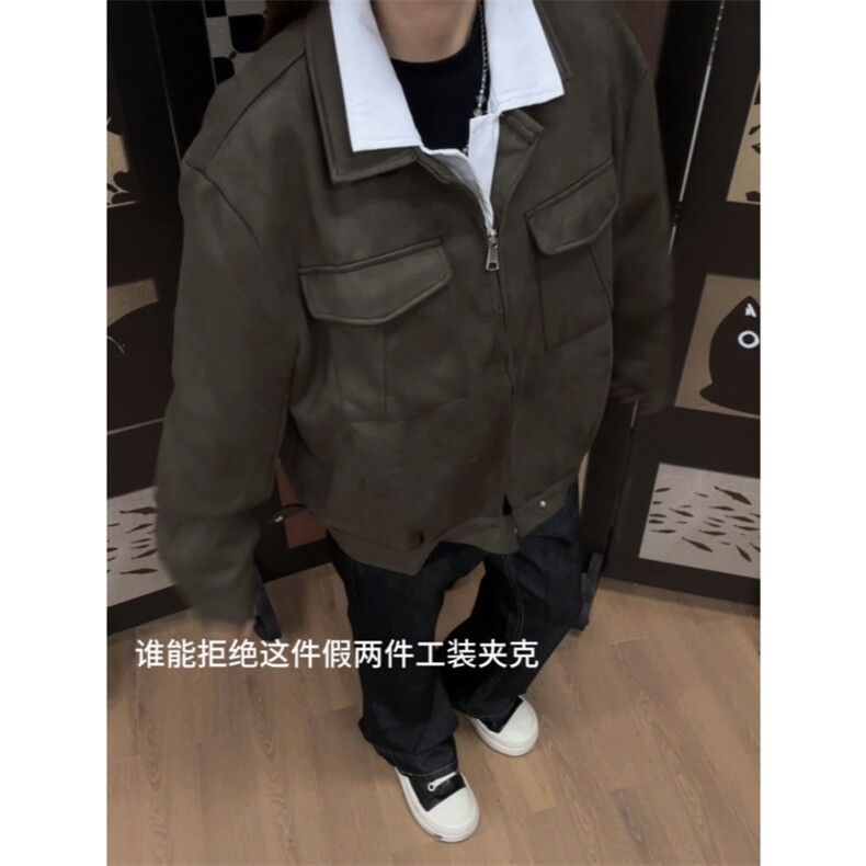 现货水洗麂皮假两件老钱风艾克夹克,男装夹克,星座910A