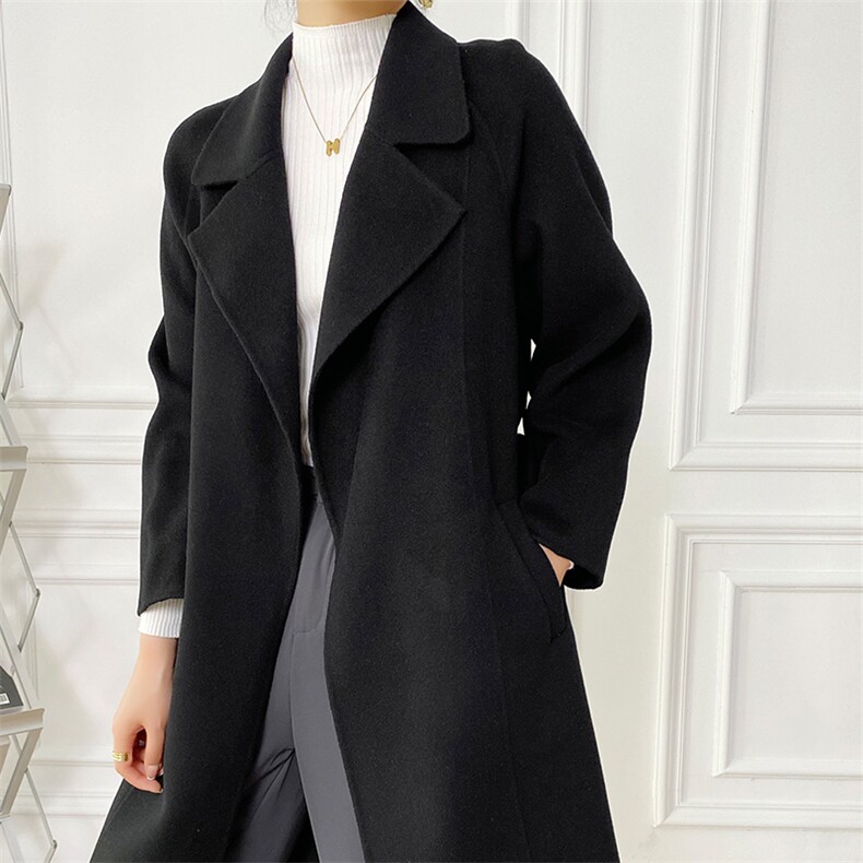 时尚百搭黑色羊毛大衣女秋冬季新款长款修身显瘦外套，女装双面呢大衣，赛欧妮