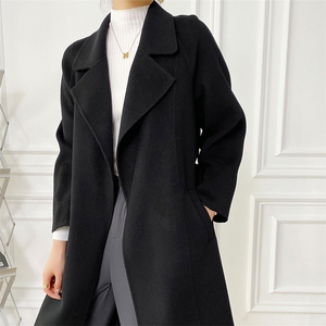 时尚百搭黑色羊毛大衣女秋冬季新款长款修身显瘦外套，女装双面呢大衣，赛欧妮