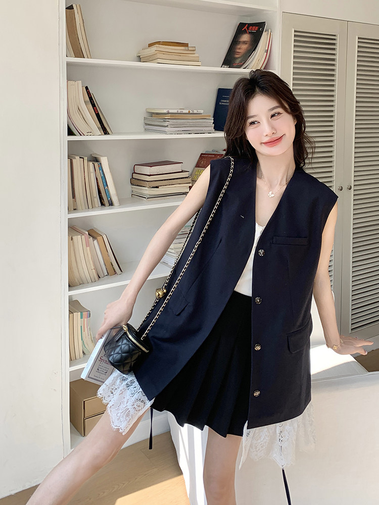 藏青色蕾丝拼接减龄西装裙女2025夏季新款韩版休闲显瘦气质连衣裙,女装连衣裙,浙宝276（原081）