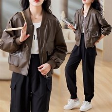 现货2023年新款秋季皮衣外套女宽松显瘦洋气夹克外套长袖，女装皮衣，仁梯