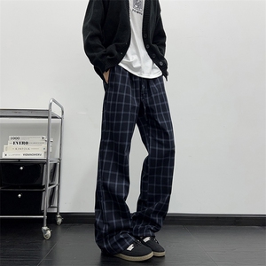 格子裤子男美式高街直筒微喇裤显腿长休闲运动裤K852-P43