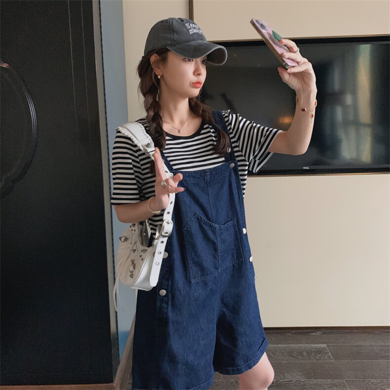 韩版时尚休闲减龄牛仔背带裤套装条纹短袖女2024新款夏季短款裤子，女装套装/套裙，浙宝285（原212）