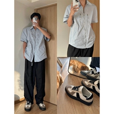浅蓝色拉链垫肩短袖衬衫男款夏季衬衣cleanfit外套3375-特P38，男装衬衫，星座1007（原301D）