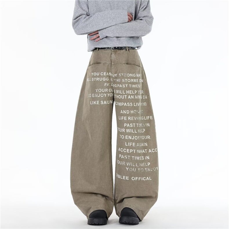 美式复古字母印花牛仔裤男款直筒显瘦毛边潮牌高级感小众裤子，男装牛仔裤，星座506A