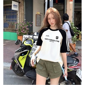 抖音得物品质二开240克宽松纯棉美式潮牌插肩三杠织带短袖T恤图片
