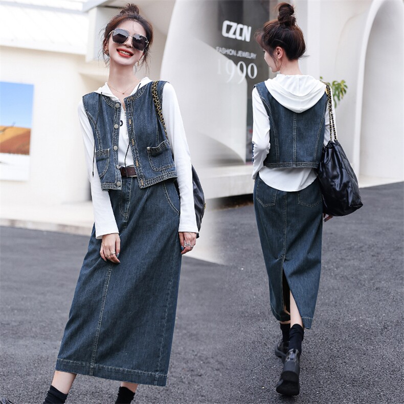 洋气减龄套装裙女2025春装新款牛仔马甲半身裙卫衣三件套时髦穿搭图片