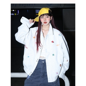 新品小花刺绣翻领外套男女美式复古短款百搭情侣夹克图片
